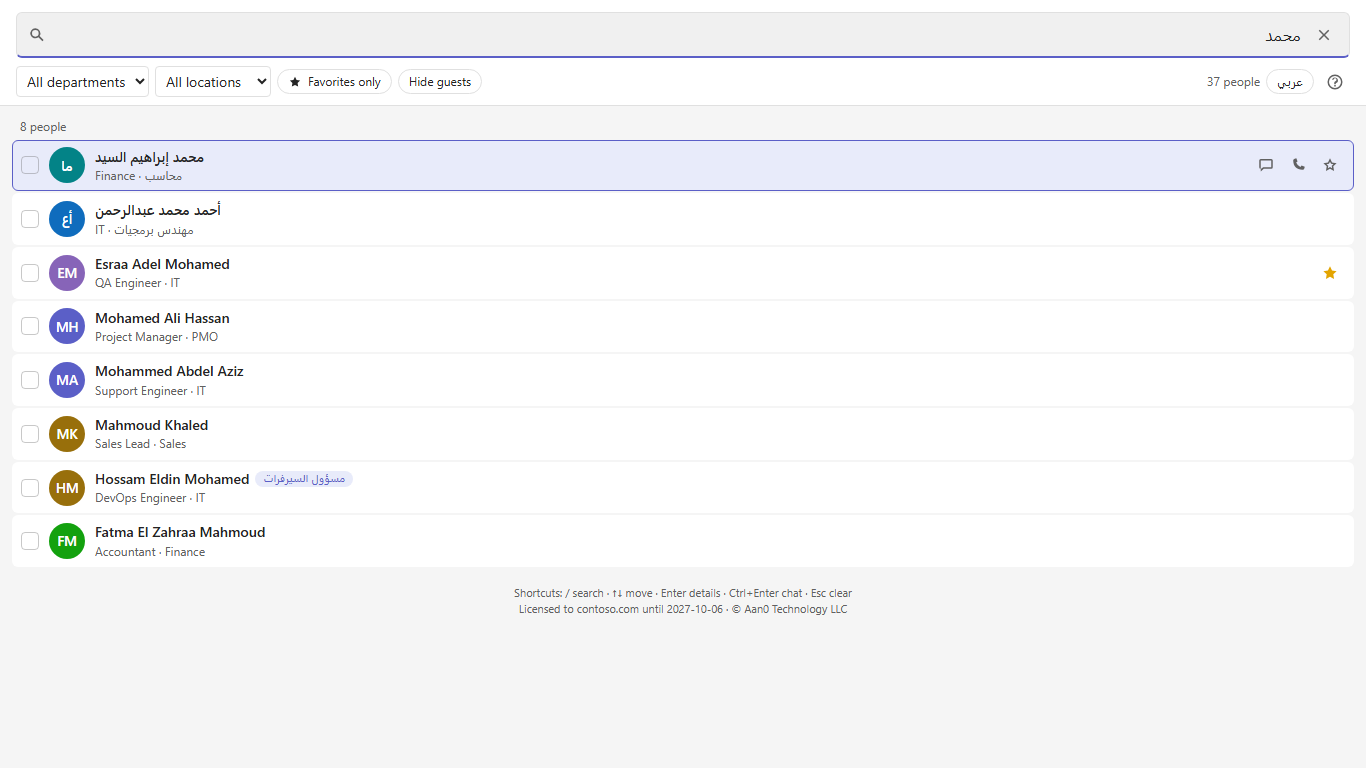 Searching «محمد» shows Arabic and English names together
